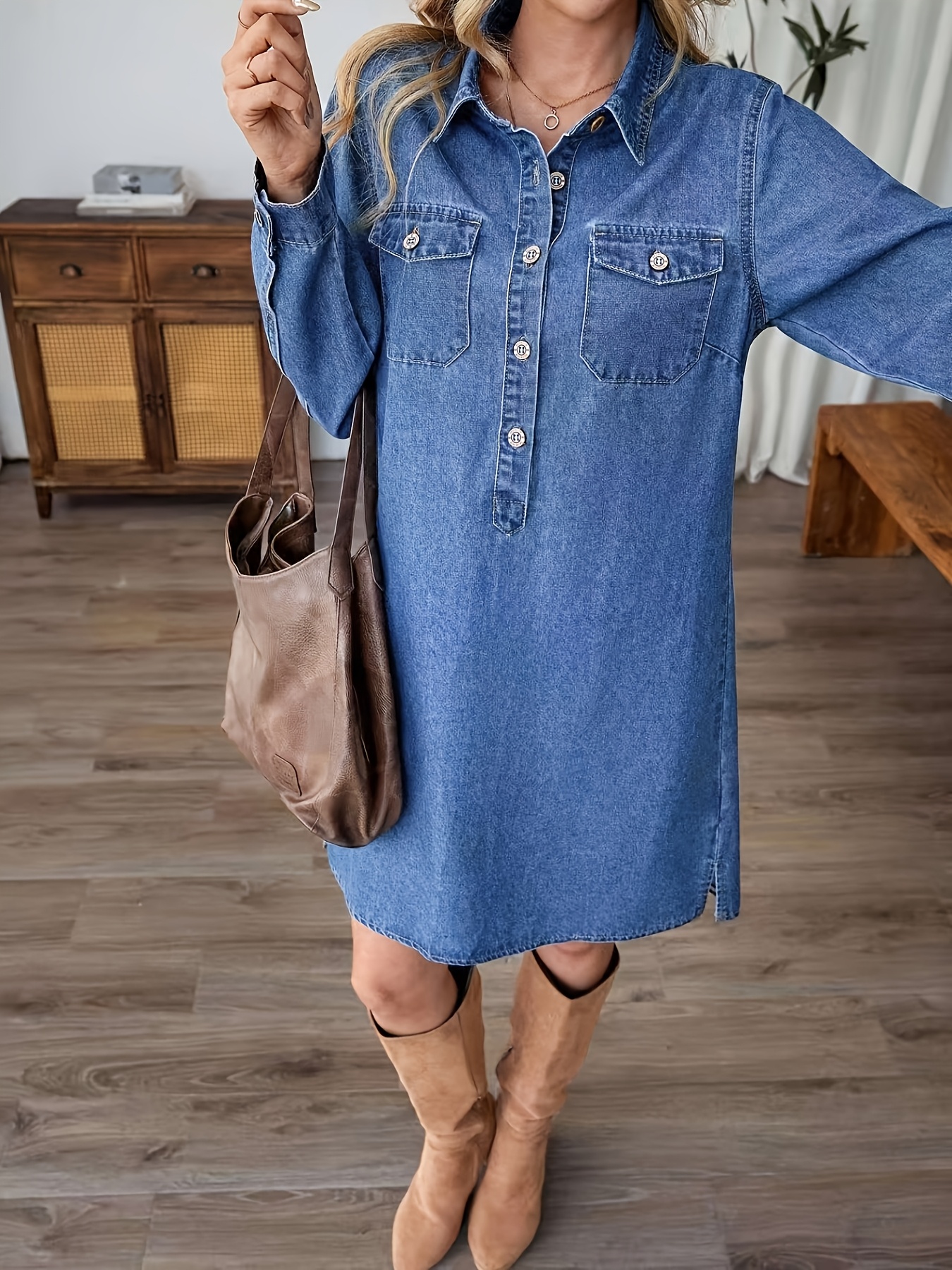 womens blue long sleeve denim tunic dress casual loose fit - Temu Mauritius