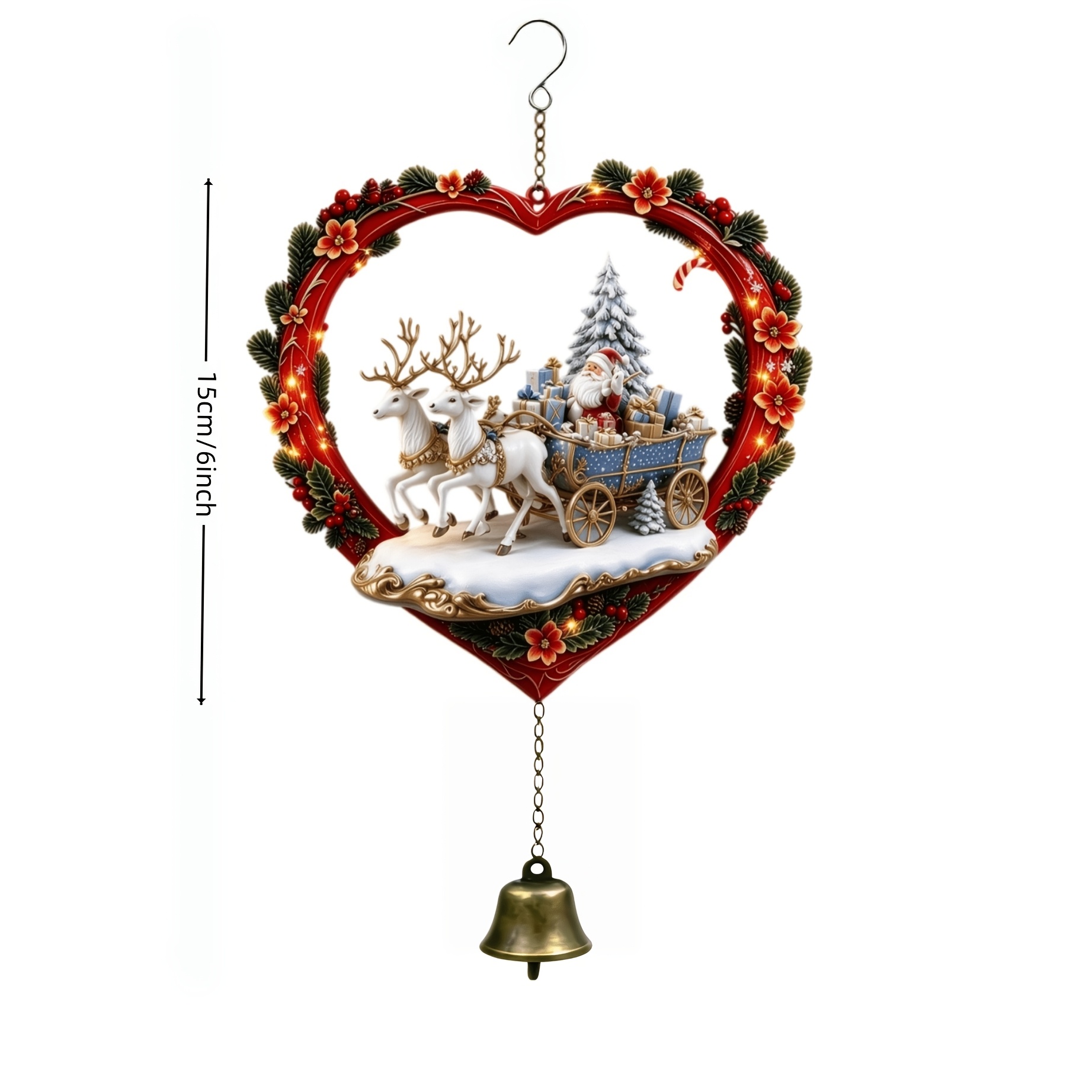 TEMU Love Heart-shaped Christmas Hanging Wind Chime, Sleigh Exquisite Design, Bell Swaying , Clear And Pleasant Sound, Soft And Sweet Tone. Red Heart