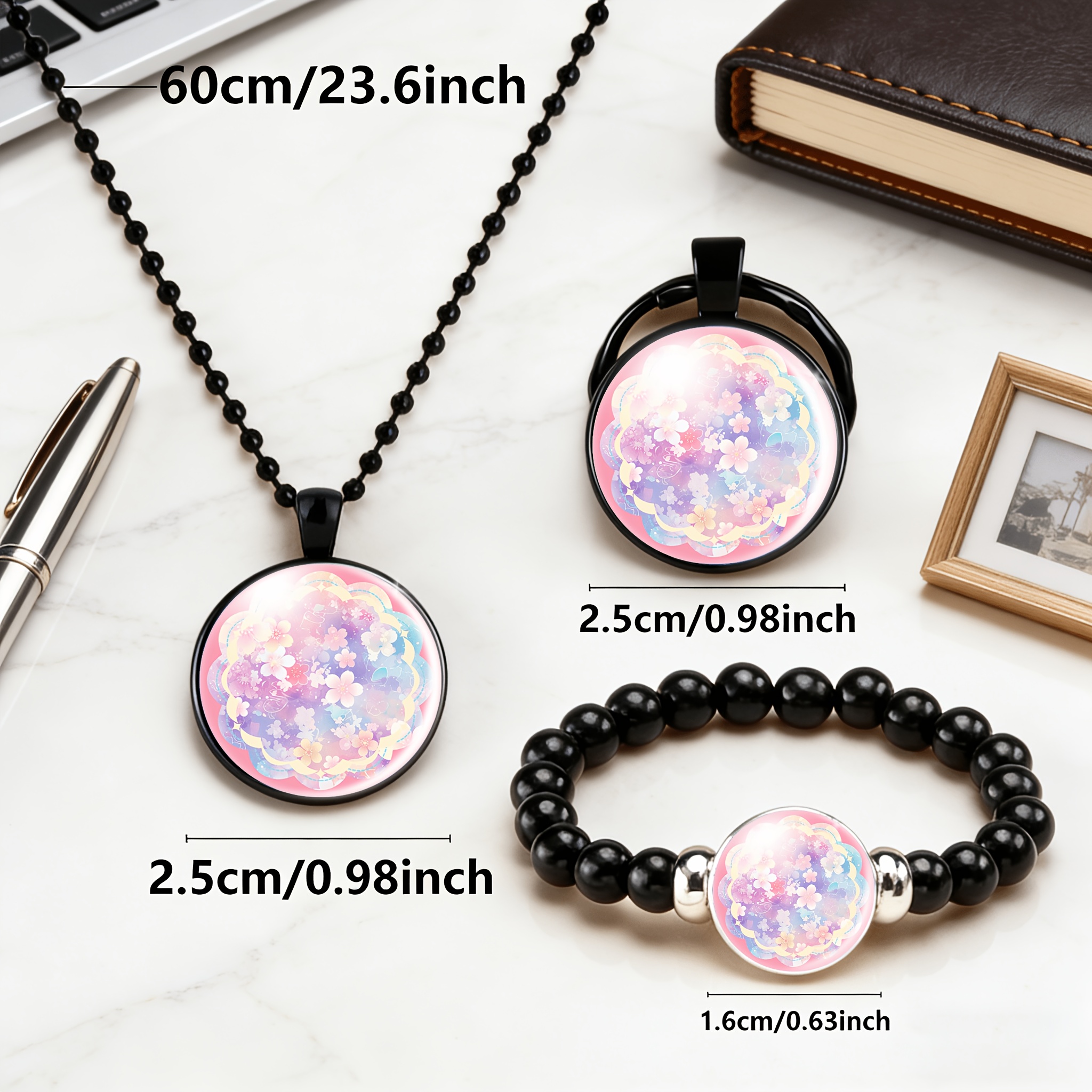 3pcs Set Necklace, Bracelet, Keychain with Round Glass Inlaid Pattern