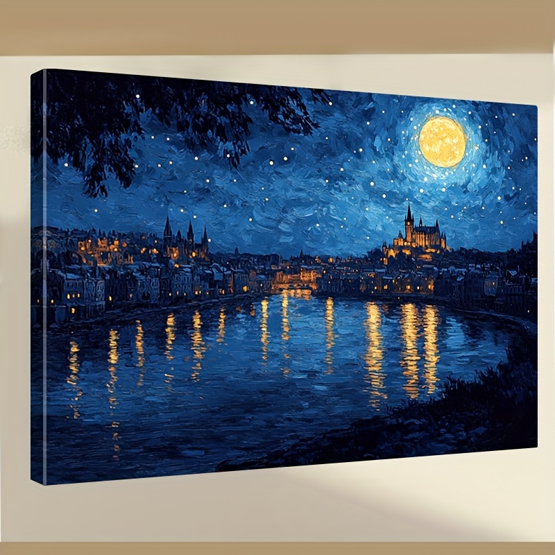 1pc van   starry night moon canvas wall art post     night sky with wood frame horizontal ink canvas for for home office bedroom iconic van   artwork