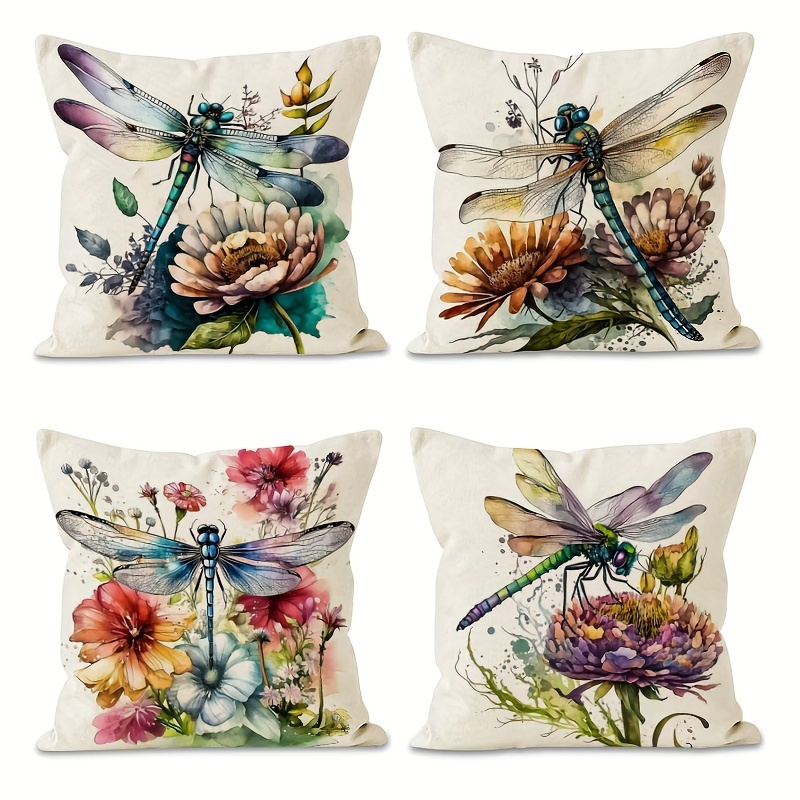 

4-piece Set Vintage Dragonfly & Floral Throw Pillow Covers - Farmhouse Decor, 18x18 Inches, Zip Closure, Machine Washable, Polyester - Perfect For Sofa, Couch, Bed