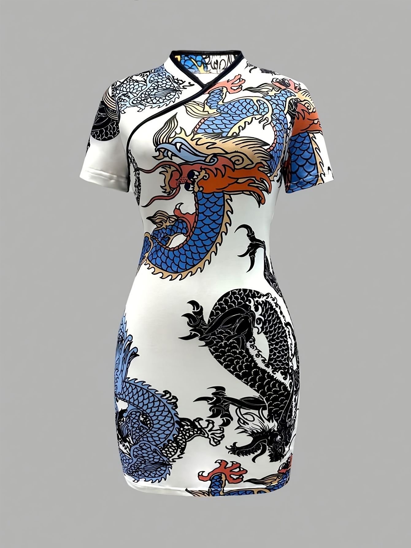 dragon bodycon dress Blue Mesh Dragon Print Ruched Bodycon Dress – Missagi