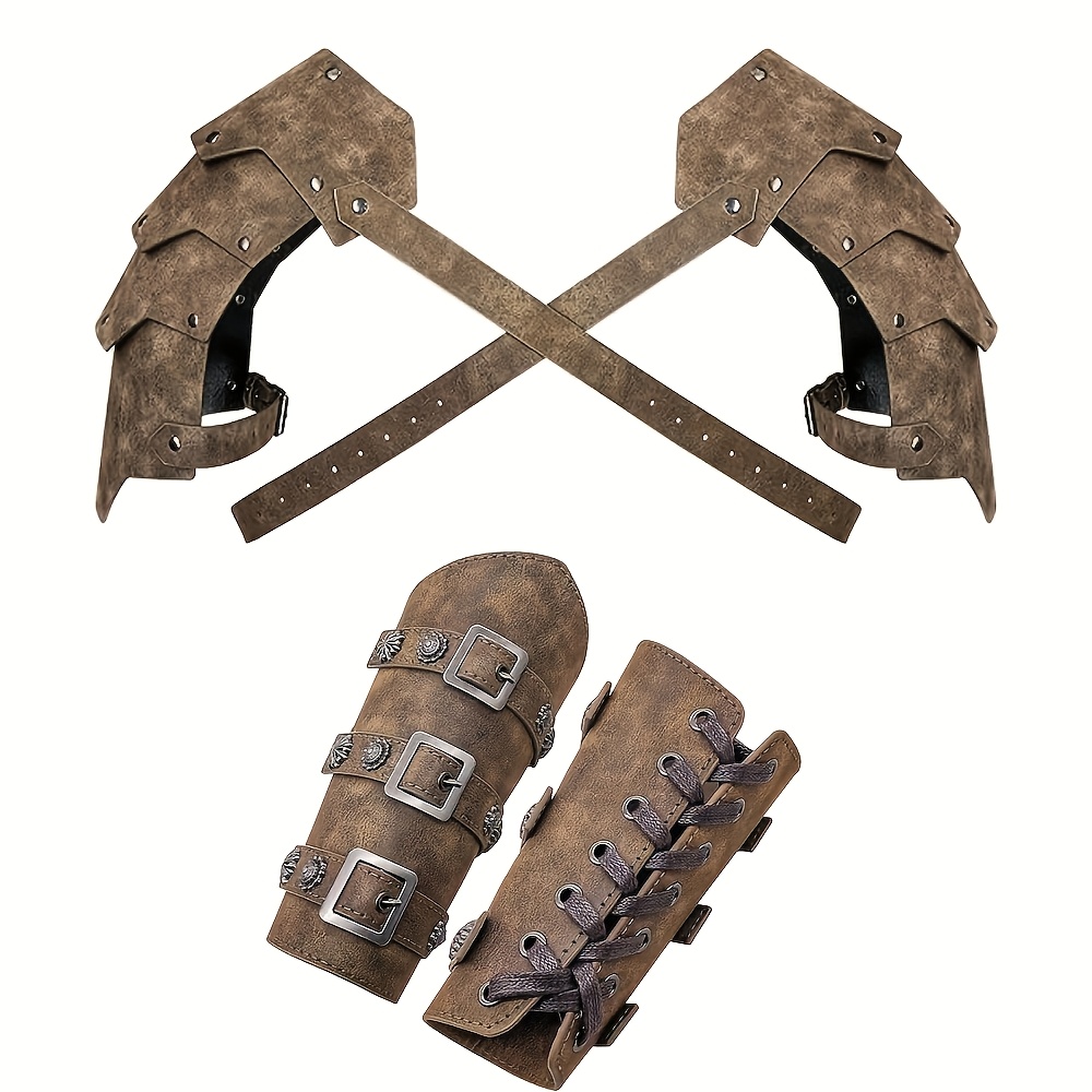 TEMU 4pcs Medieval Knight Armor Set - Vintage Mercenary Shoulder Armor & Viking Bracers For Larp, Cosplay, And Renaissance