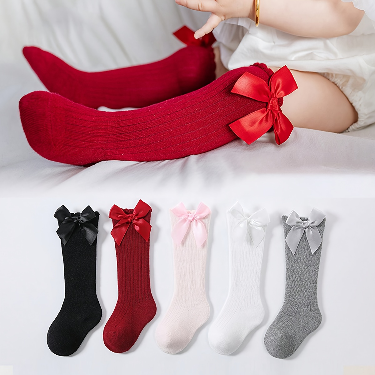 E-shop 5-Pack Mädchen-Kniestrümpfe mit Schleife in Unifarben, Akademischer Stil Lange Socken für Babys