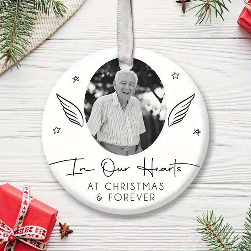 Image of [custom] 2026 Photo Memorial Round Ceramic Ornament, Custom Picture Wings In Our Hearts Forever Hanging Pendant With , Remembrance Sympathy Keepsake Gift For Lost Xmas Tree Decor