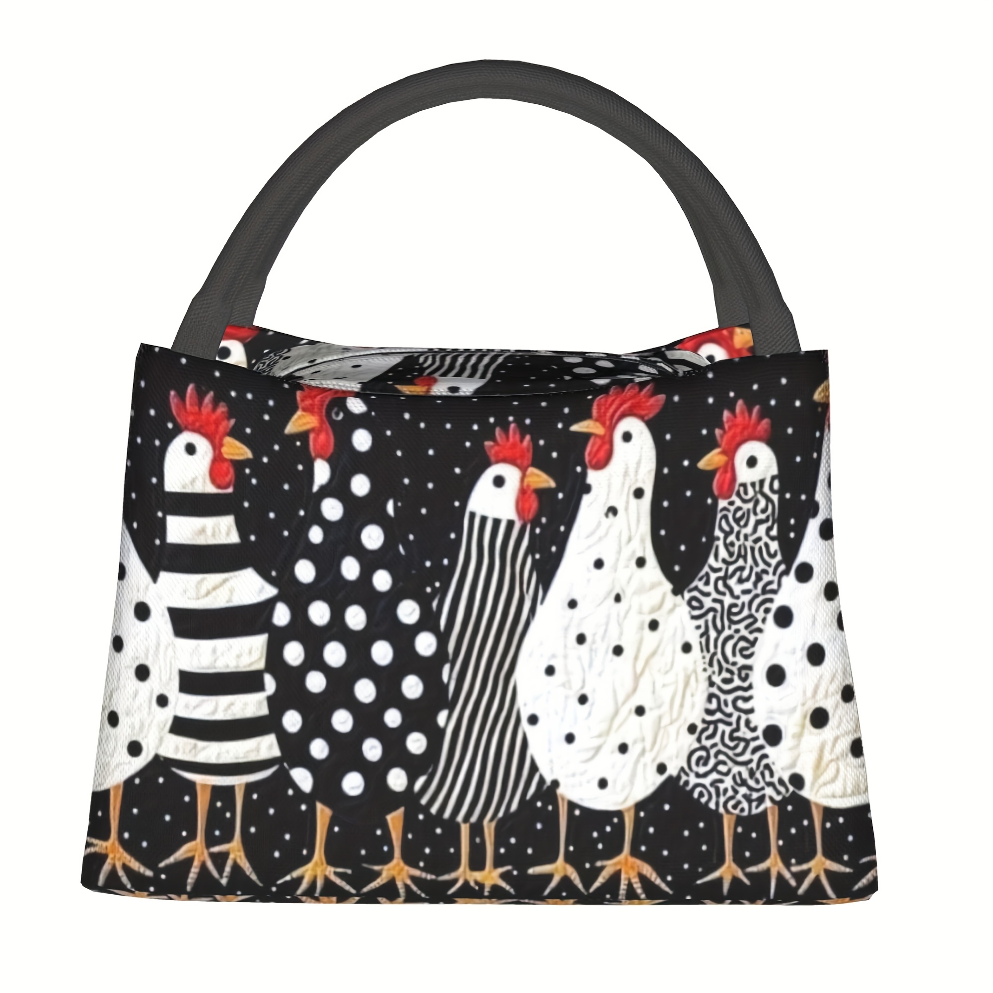 TEMU 1pc Insulated Lunch Bag With White Feathered Chicken Pattern - Reusable Refrigerated Cooler Tote For Camping, Beach, Office & Home, Portable