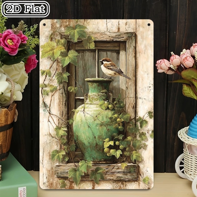 TEMU 2d Flat, Vintage Greenery Window Metal Wall Art - Rustic Iron 8x12 Inch Farmhouse Style Bird & Foliage Design With Muted Green & Brown Tones -