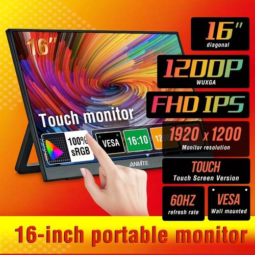 16 zoll tragbarer touch-monitor 1080p hdr 16:10 mit blauem lichtfilter für / ps5/ 4/ switch/ mobiltelefon/ computer/ laptop-erweiterung
