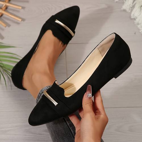 a pair of womens pointed toe flat shoes decorated with golden pu fashionable elegant comfortable and versatile with multiple colors