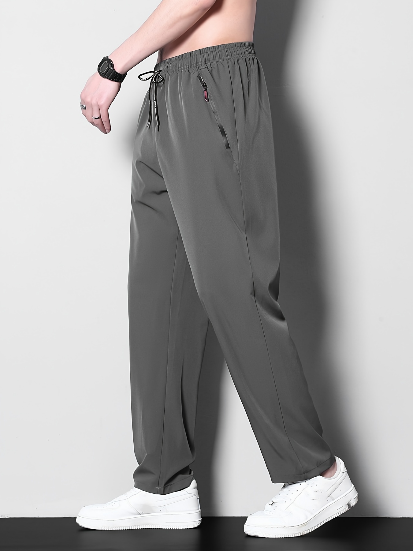 Men's Plus Size Polyester Sports Pants - 100% Polyester, Casual Style, Slight Stretch Fabric, Solid Color, Spring/Summer, Regular Fit, Adult Weekend Casual Trousers with Woven Technique