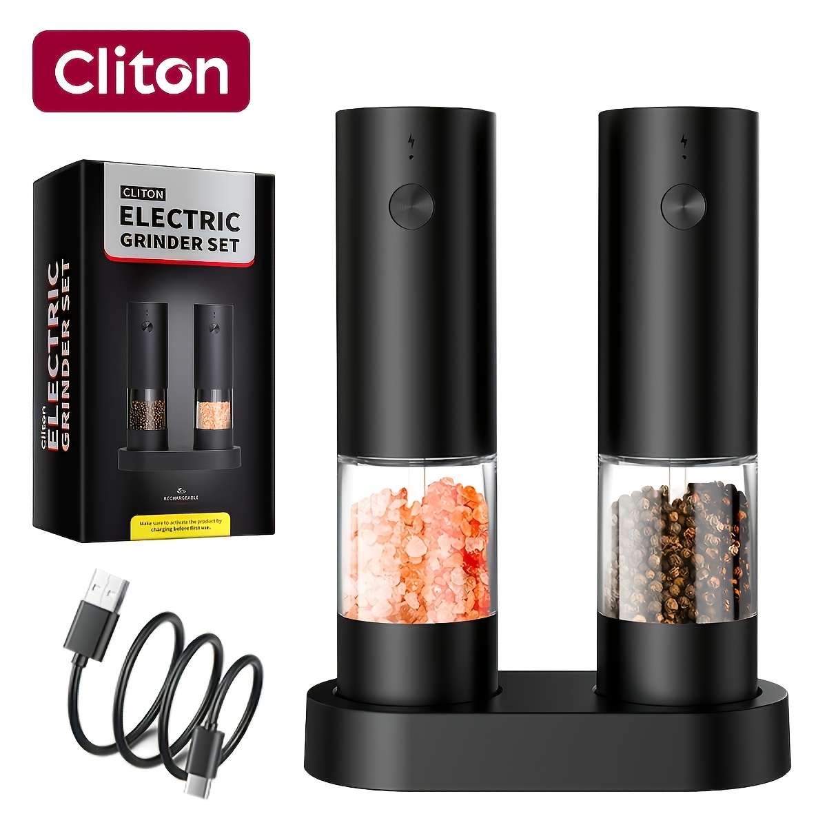 Image of 1pc/2pcs Electric Pepper Grinder Rechargeable, Automatic Salt And Pepper Mills Set, Adjustable Coarseness, White Led Light And One-handed Operation For Kitchen, Outdoor, Bbq & Gift , Black