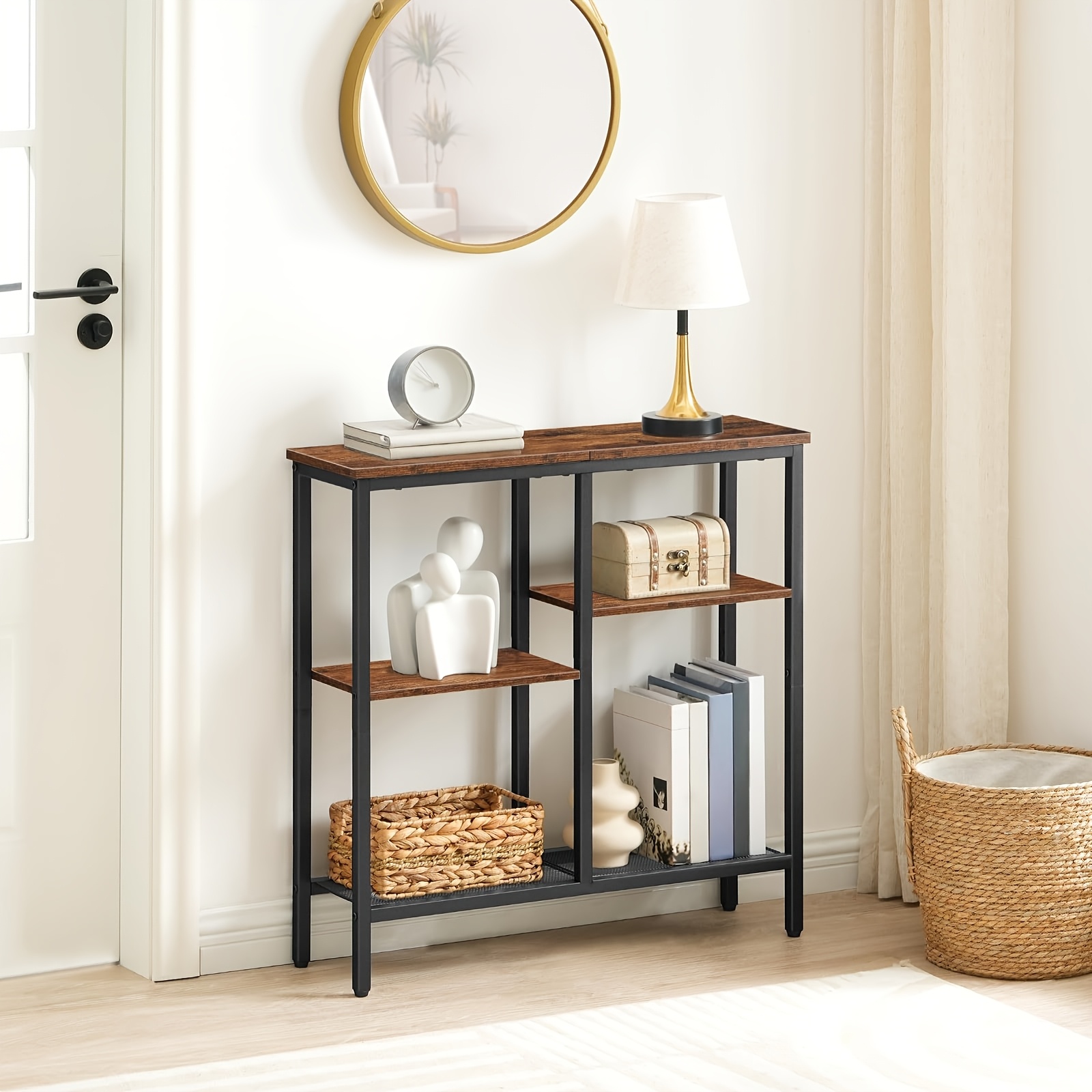 Image of Retro Modern Console Table With Wood Top & Frame - Multifunctional Storage Display Desk, Portable Suitable For, Entryway, Hallway, Easy Assembly, Space- Furniture For Narrow Corridors (75 X 22 X 76cm)