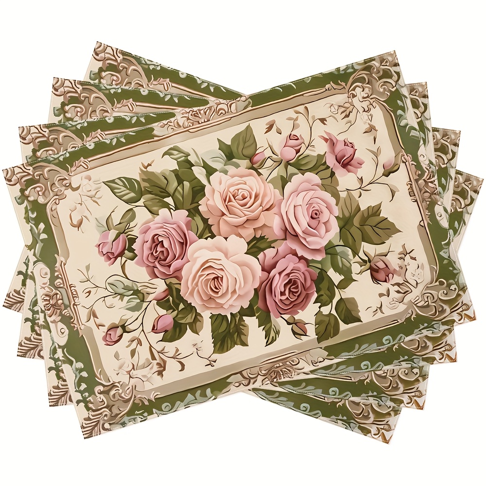 TEMU Juego de 4/6/8 manteles individuales de lujo estilo francés con estampado floral, para decoración de mesa de comedor, elegantes para fiestas,