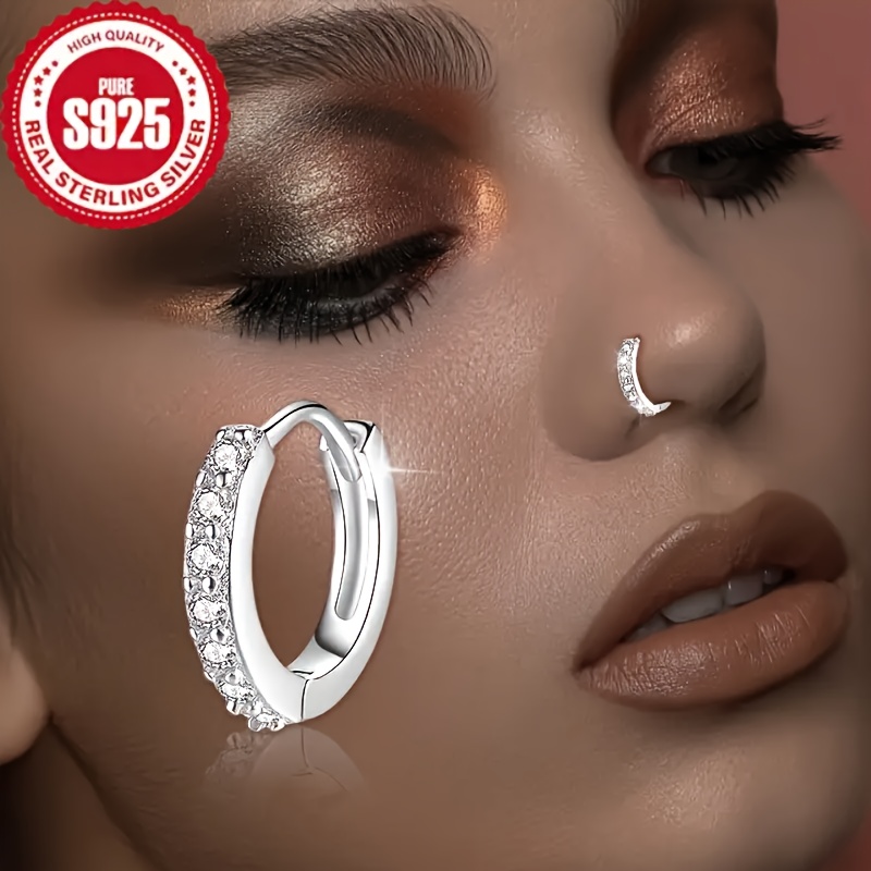 TEMU 1pc Of 925 Sterling Silver, Single-layer Nose Ring, Women's Fashionable Jewelry, Inlaid With Synthetic Zirconia, Exquisite And Fashionable, , At