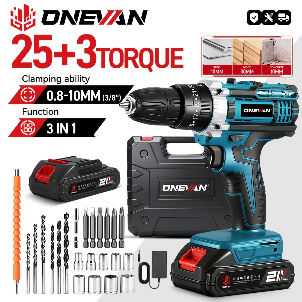 2026 10mm Electric Drill Set, Featuring A Red And Impact Drill And Screwdriver, Is Suitable For Home Improvement, Screw Tightening, And Projects. Compatible With Onevan Batteries