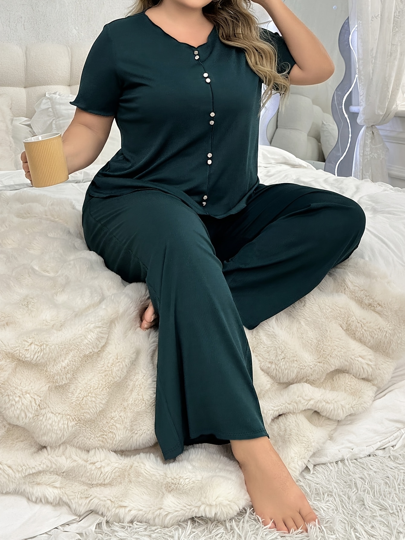Plus Size Women'S Summer Short Sleeve Pajama Set Loose Fit, Comfortable  *-Piece Outfit with Front Button Detail, Soft Polyester Blend for Casual