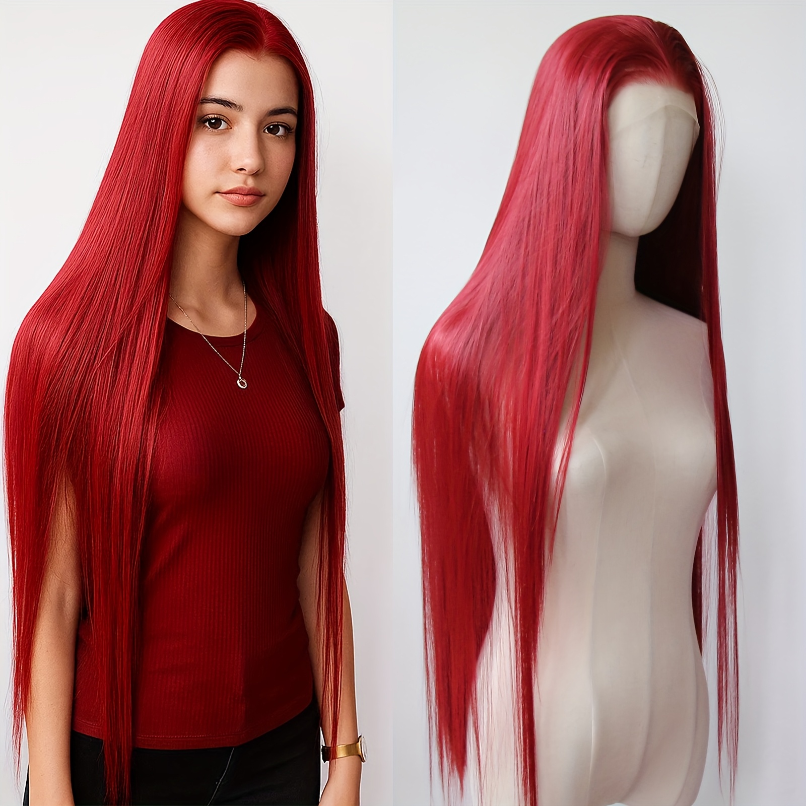 Dark Red Beauty Lacefront Wig Red and Black Hair Wigs 32 Inch Long Straight Hair with Wigs  main image 2