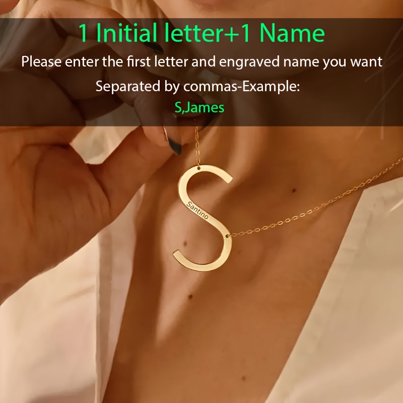 TEMU Custom Large Letter Necklace, Personalized Initial Side Name Necklace, 18k Gold Plated 304l Stainless Steel With Black Stainless Steel Printed
