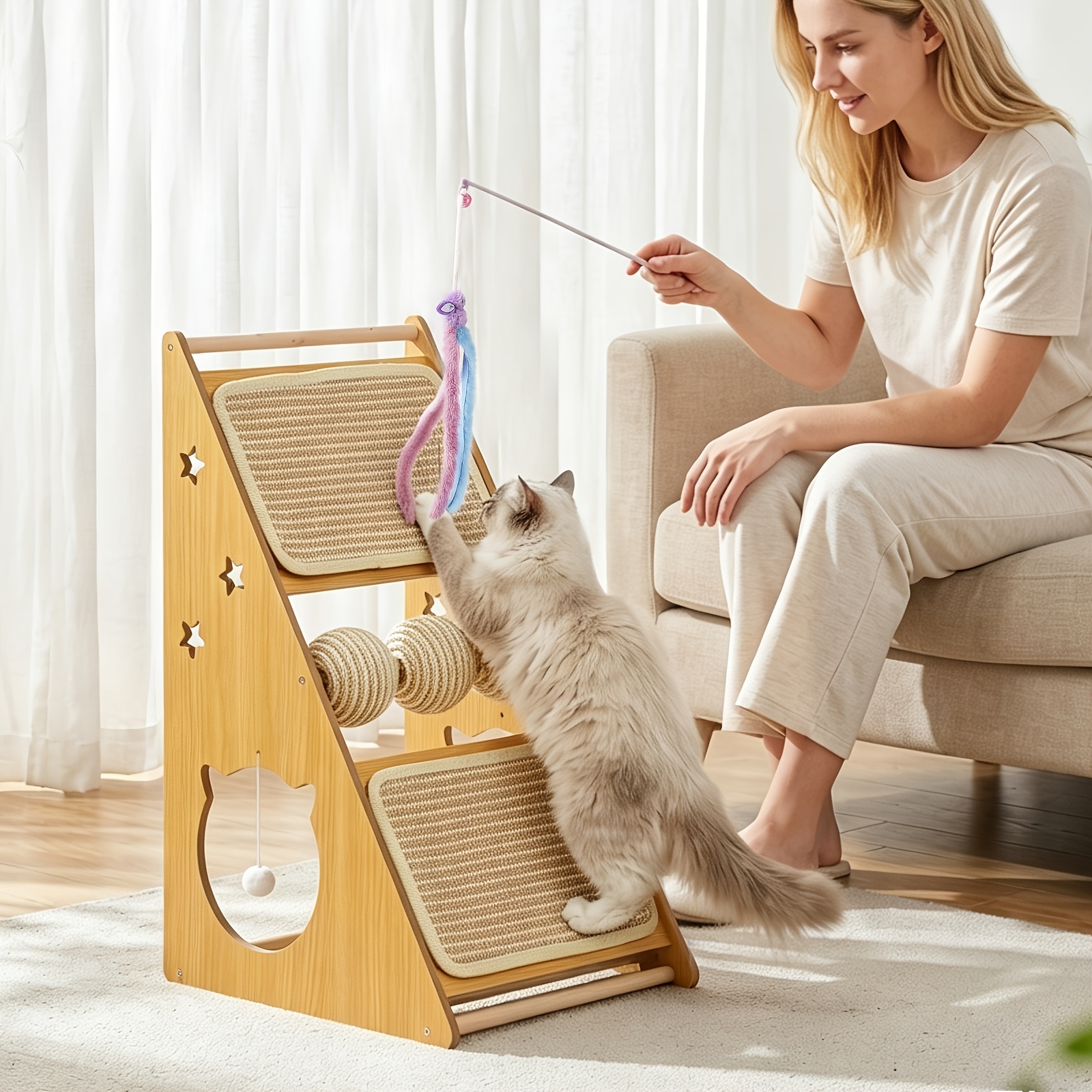 Maoqiu Cat Scratching Board Nest, Stable Triangular Structure, Rotatable Maoqiu, Scratching And Resting -one, With Cat Teasing Stick, Indoor Cat Scratching Board Nest