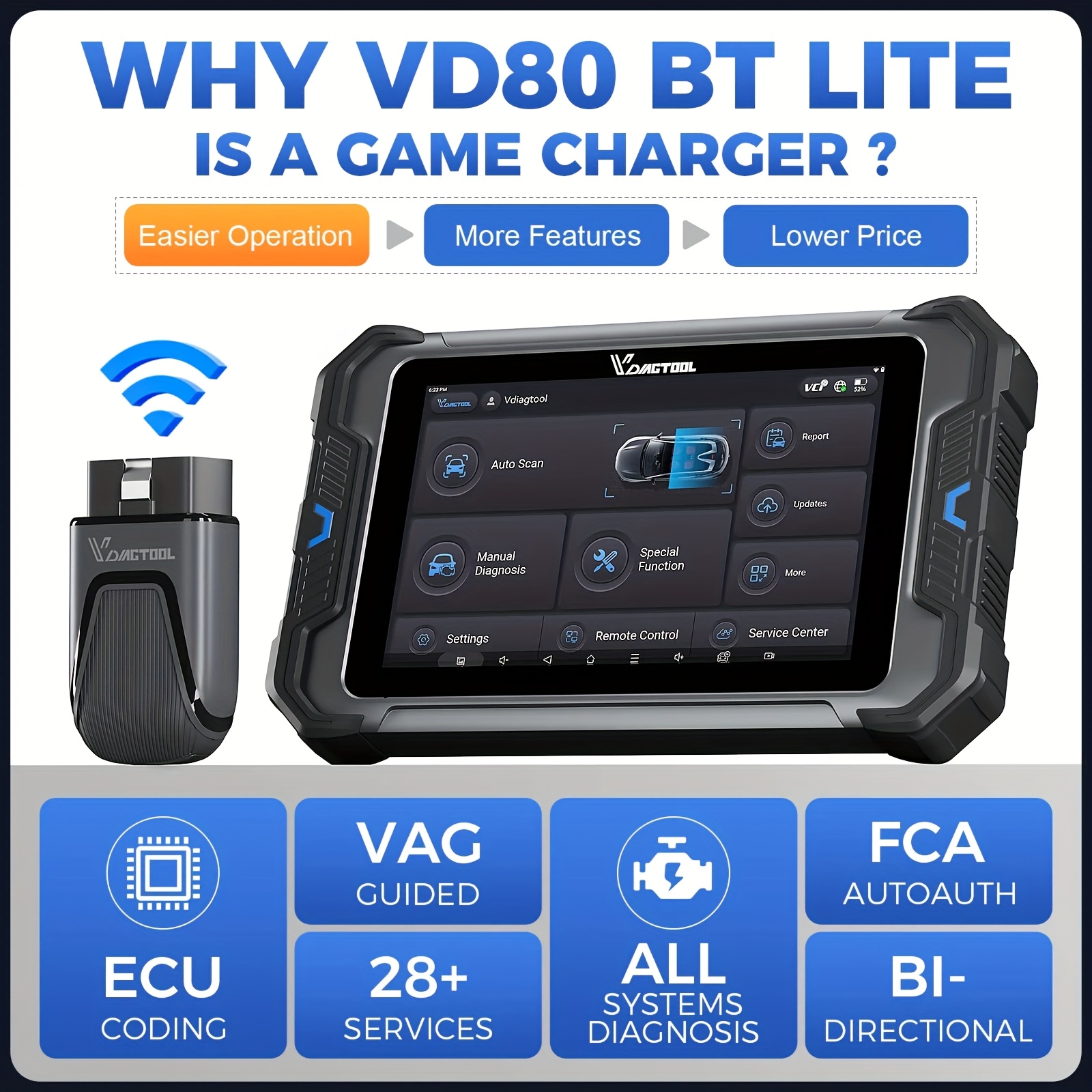 VDIAGTOOL VD80BT LITE Car Diagnostic Scanner - OBD2 Code Reader with FCA ECU Coding, PMI & DOIP Support, 28 Special Functions And 2-Year Free Updates