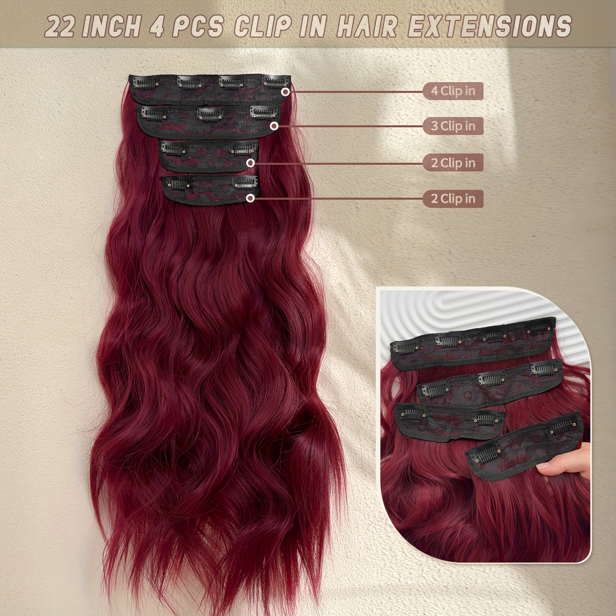 4pcs 22 inch wine red in hair extensions 4pcs - Temu display picture 3