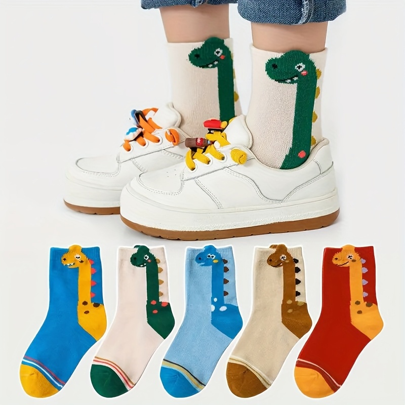 5 Pairs of Socks with Cute Cartoon Dinosaur Designs, Breathable and Comfortable, Suitable for Kids, Up to Mid-Calf