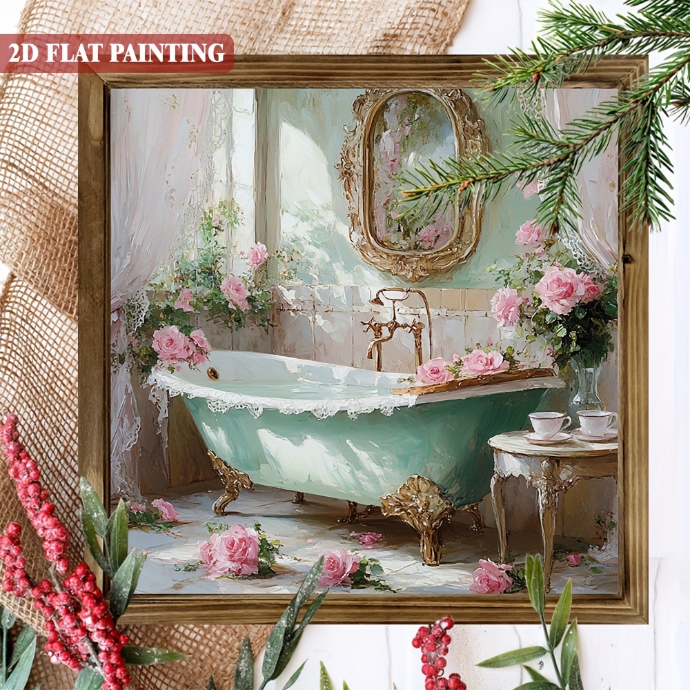 TEMU 2d Flat, 2d Flat, 1pc, Elegant Pink Floral Bathroom Art Wooden Sign 8x8 Inch, With Framed Bathtub And Roses Design Wall Hanging Decorative Sign