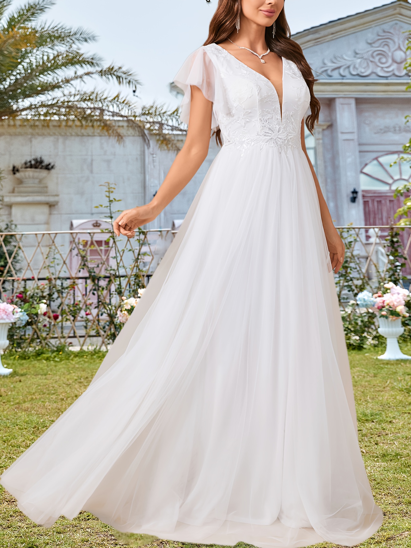 womens elegant white v neck lace sleeve embroidered wedding - Temu Cyprus