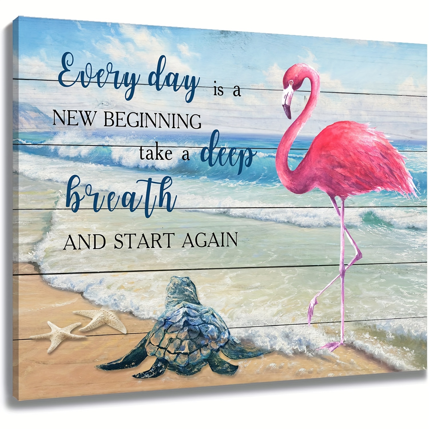 

Inspirational Tropical Ocean Wall Art Set - Pink Flamingo And Sea Turtle Canvas Print - 12x16 Inch Wooden Frame Artwork For Living Room, Bedroom, Bathroom, Dorm Decor