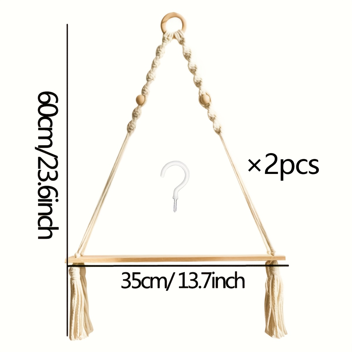 E-shop 2er-Pack Holz Wandregale mit Haken - Boho Schweberegale, weiße Makramee Pflanzenregale, verstellbares Aufbewahrungsregal, rustikale Wanddeko für