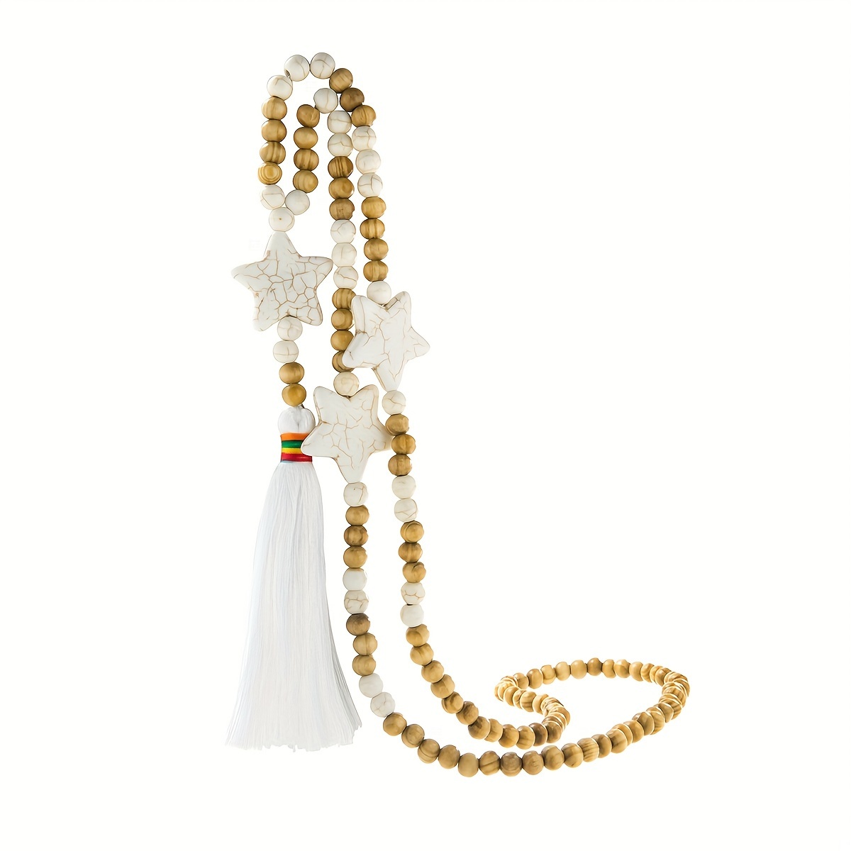 Image of Ethnic Style Wooden Bead Sweater Chain With Turquoise Star Tassel Pendant, Long Necklace For Women