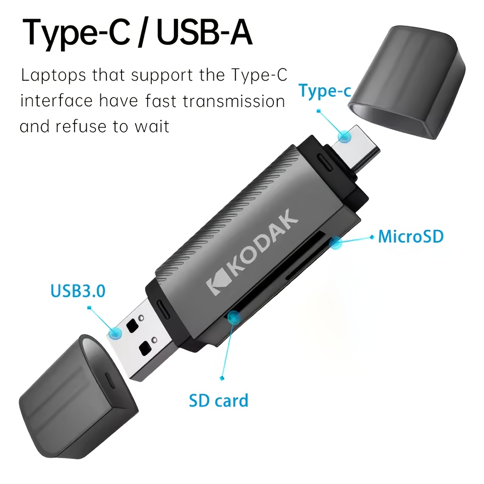 TEMU Kodak 4-en-1 Lecteur de Carte USB 3.0 et Adaptateur de Carte Universel Type-C Adaptateur Multifonctionnel pour Carte SD et Micro pour Carte SD