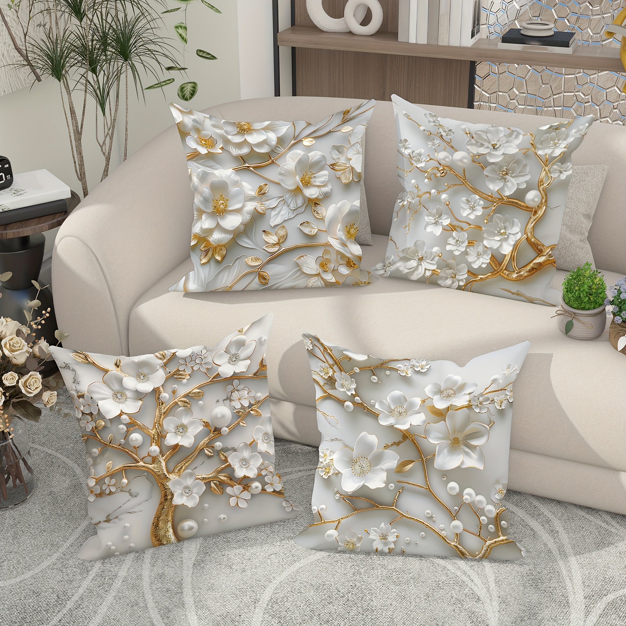 

4-pack Contemporary Velvet Floral And Pearls Throw Pillow Covers, 3d White And Golden Decorative Pillowcases, Zippered, Machine Washable, 18x18 Inches, For Sofa And Bedroom - Polyester, No Inserts