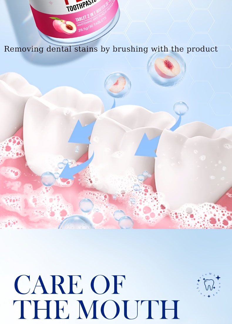 Peach Whitening Solid Toothpaste Tablets. Fresh breath, clean the mouth, and remove tooth stains by using this product. Brighten teeth.