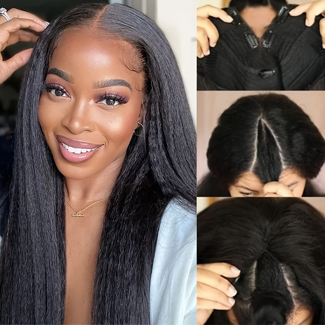 Kinky Straight V Part Wig Human Hair 180 Density Human Hair Wigs For Women No Leave Out V Part Wigs Glueless Clip In Half Wig Yaki Straight V Shape Wigs Natural Color 16 30inch V Part Wigs