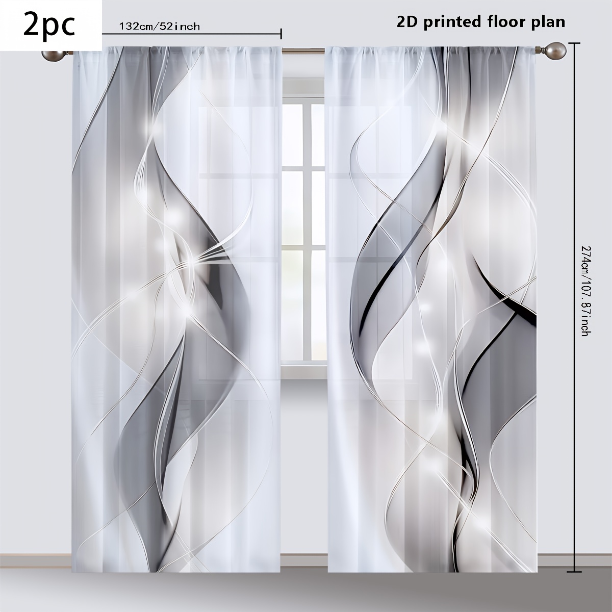 TEMU 2pcs 2d Flat Printing Light Luxury Patterned Ribbon Design Gauze Curtain Is Semi-transparent And Privacy-protecting. It Has A Bar Opening And Is