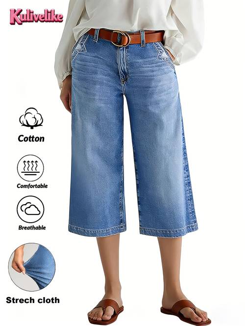 jean capri femme à taille haute et jambes larges, jean court décontracté à coupe avec poches, pantalon style toutes