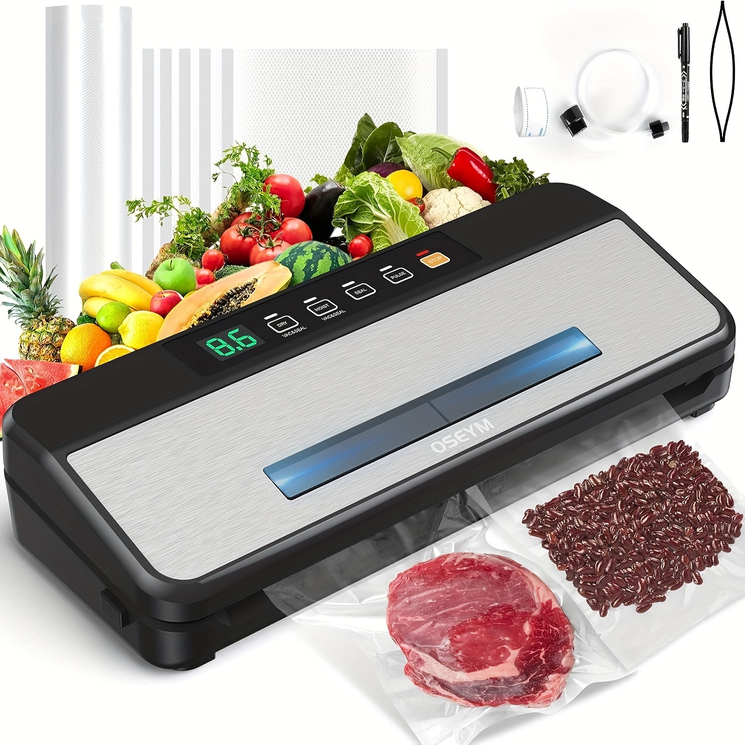 

Vacuum Sealer Machine 90kpa Automatic Food Sealer Machine Food Sealers Vacuum Packing Machine With Cutter & Bags Air For Dry/moist Modes, Led Indicator Lights.