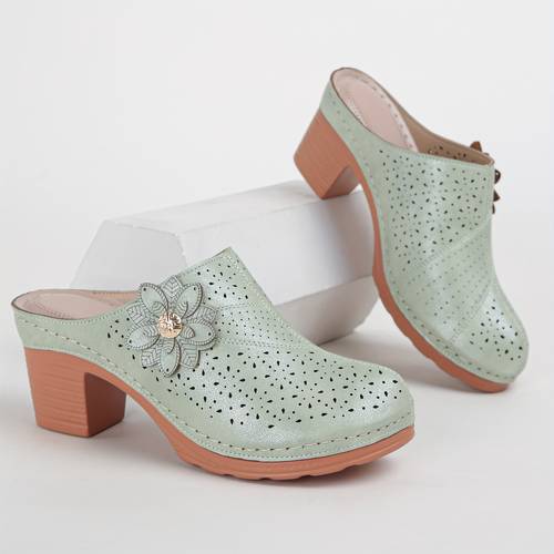 womens floral embellished high heeled mule sandals comfortable wedge platform slip ons with perforated closed toe cushioned heel cover for casual outdoor summer dress shoes ladies dress shoes comfortable footwear fashionable footwear durable pu sole