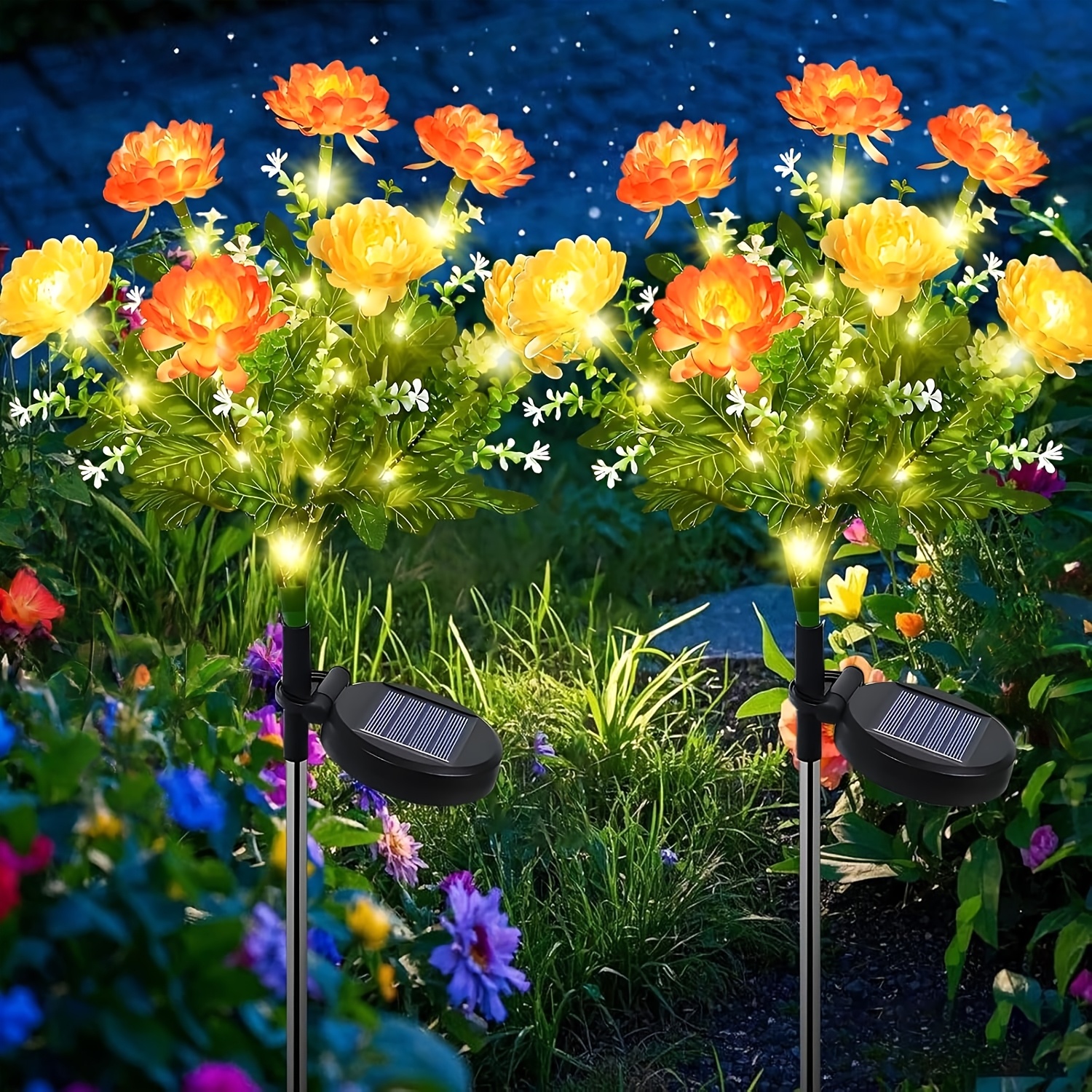 Solar Flowers Lights, 2pcs Solar-powered Outdoor Light With 14 , Lights For Outside Yard, Garden, Pathway, Walkway, Patio, Lawn, Cemetery, Grave Decor