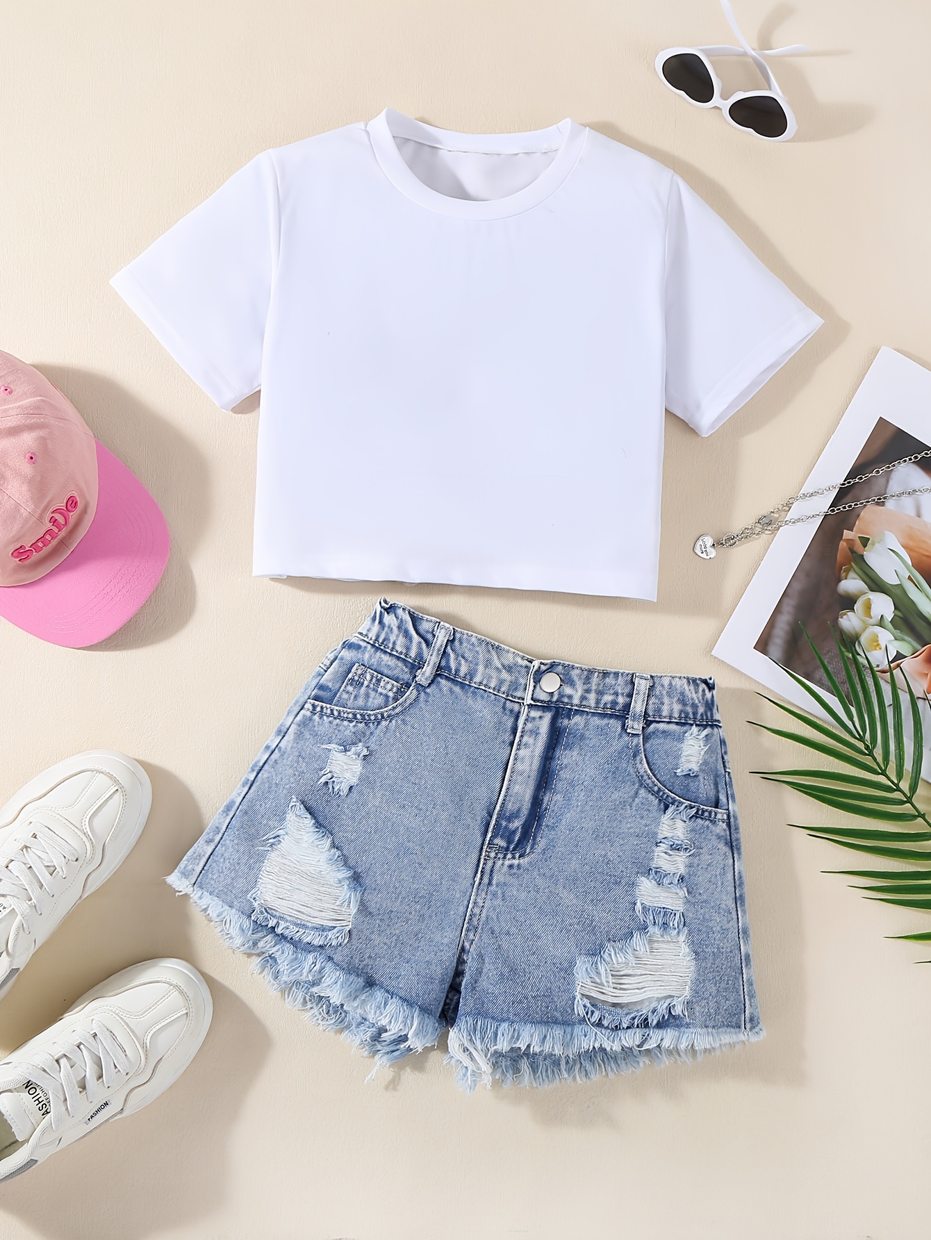 casual summer t shirt denim shorts set white crew neck top Temu