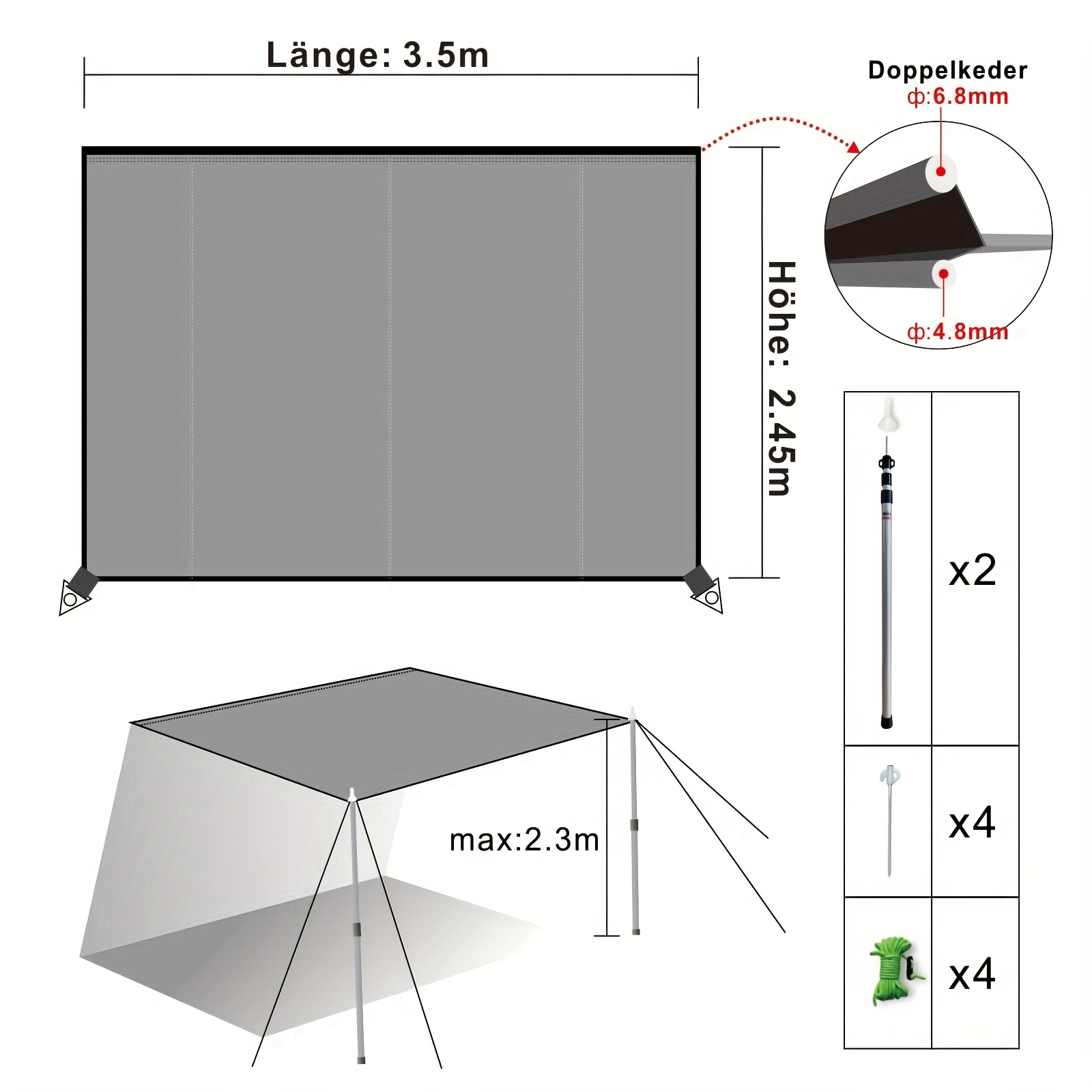 Image of Shadeplus Shade Sail, Shade Sail With Piping, 2 Pipings, Diameter 4.8mm And 6.8mm, Shade Sail Piping For Caravans, Waterproof And Uv Resistant Shade Sail 4m