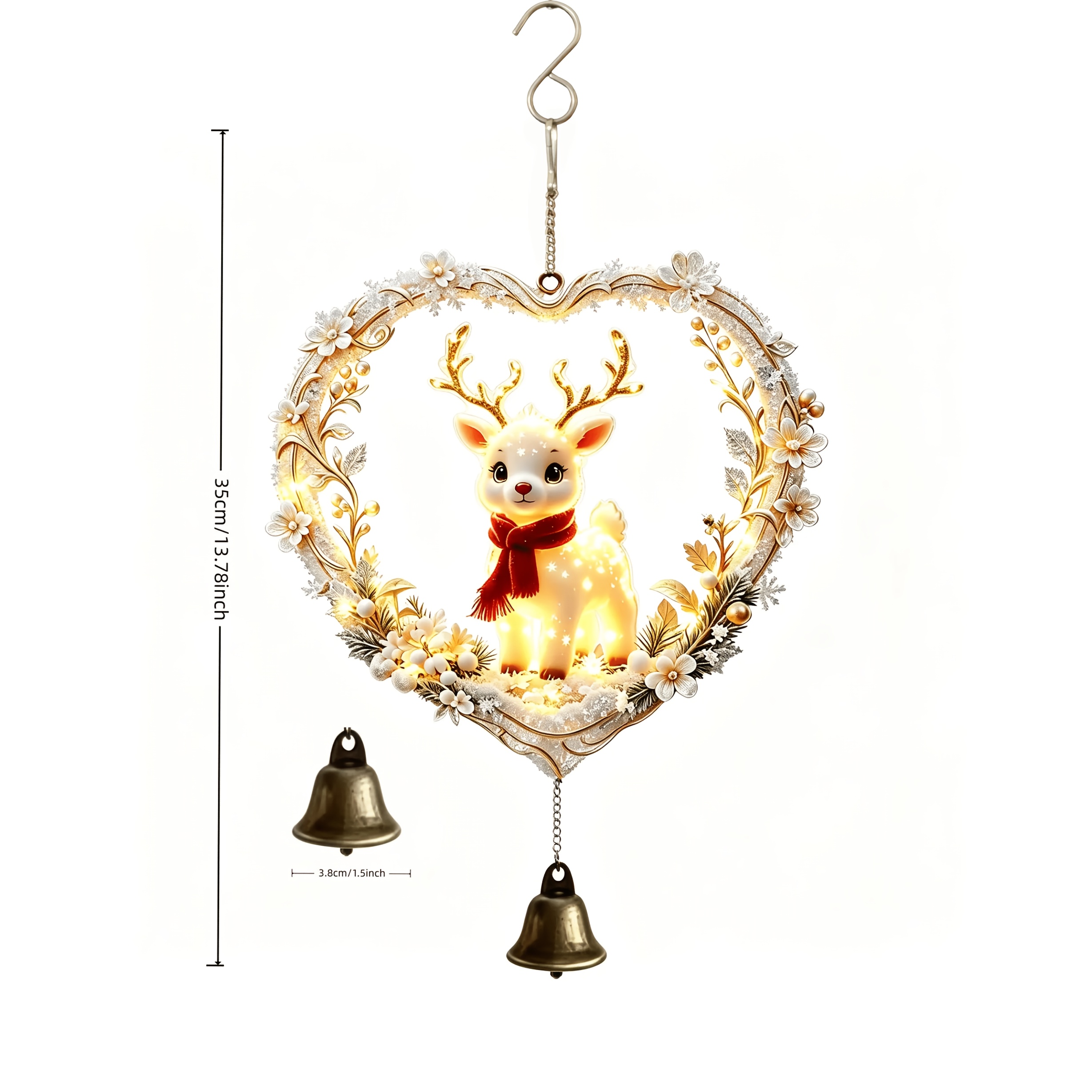 TEMU Ornement de Noël 2D Rétro Cœur Doré Couronne, Cloche de Lumineuse, Convient aux Rebords de Fenêtres Intérieures, Balcons et Cours Extérieures,