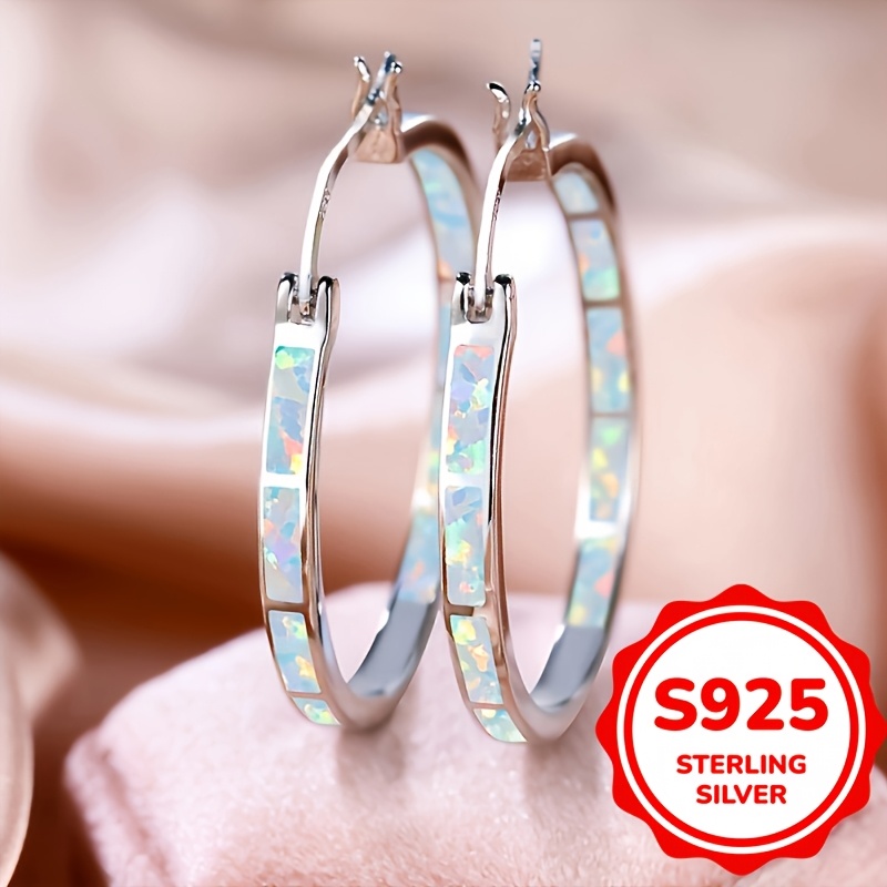 

1 Pair Elegant Style 925 Sterling Silver Plated Hoop Earrings With Synthetic Opal , Large Half-hoop Design, Hypoallergenic 925 Silver Ear Needle, For Daily And Party