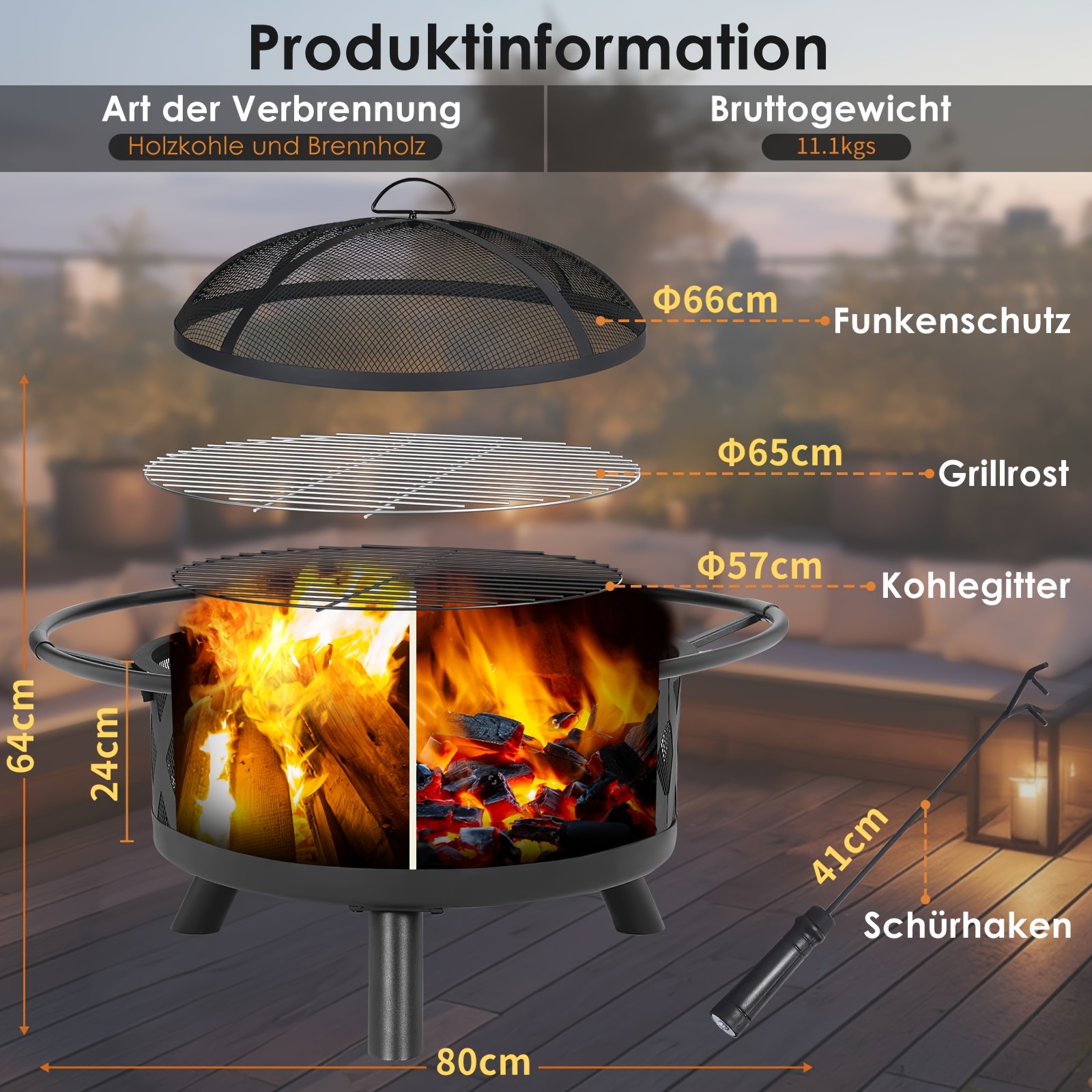 Outdoor Furnace, Fire Pit, With Spark Screen And Fire Poker, Garden Fire Pit, Fire Pit With Grill, Outdoor Barbecue Fire Pit, Retro Style Fire Pit, Multi-functional Fire Pit, Camping Fire Pit