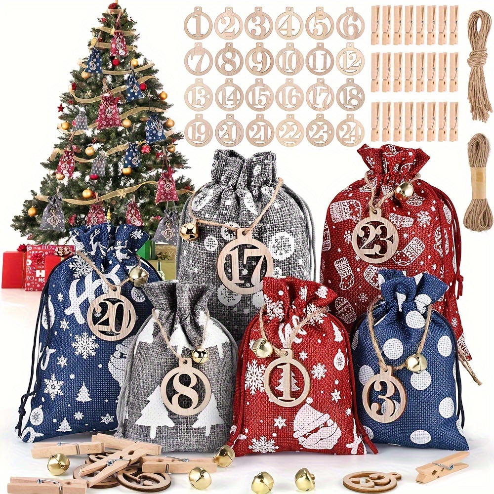 

24-pack Rustic Burlap Christmas Countdown Gift Bags With Twine, Snowflake Design Advent Calendar Bags, Festive Linen Pocket Sets For Holiday And Presents