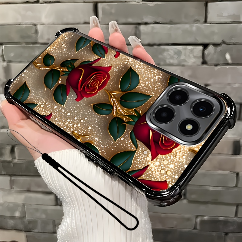 TEMU Phone Case: 2d Flat,2pcs Set: Includes 1 Phone Case + 1 Strap,shimmering Rose 2d Flat, Phone Case,suitable X6a,x6b,unisex Lanyard Phone