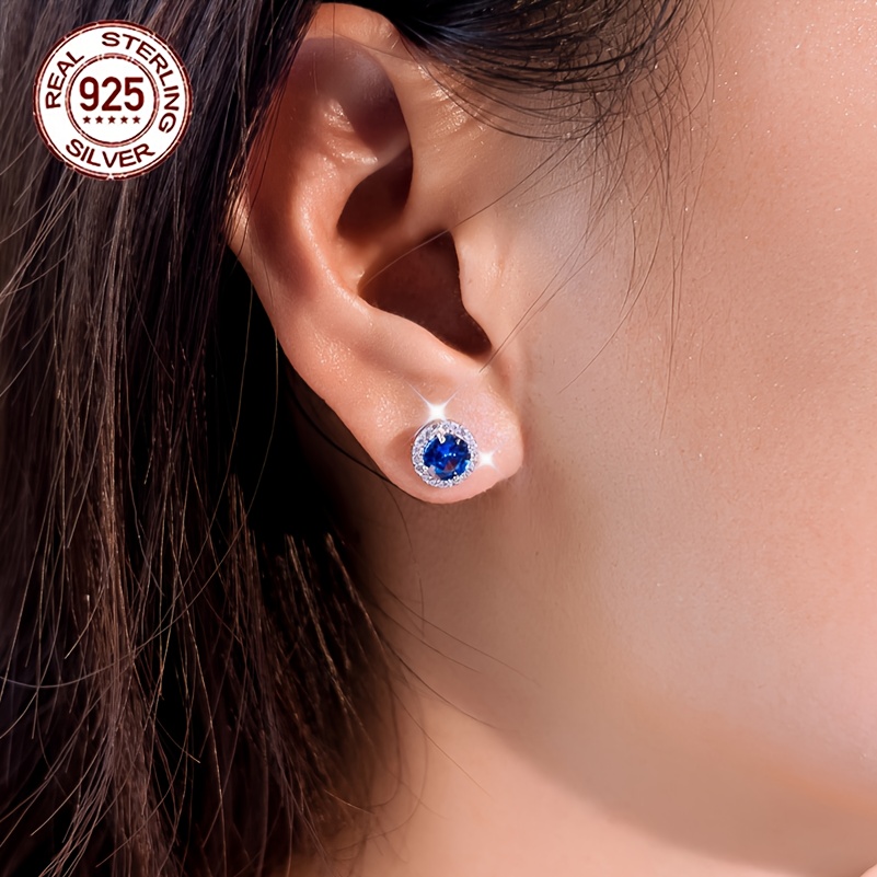 1 pair elegant vintage style royal blue tanzanite stud earrings 925 sterling silver synthetic stone hypoallergenic ideal for wedding gifting valentines day christmas mothers day details 1