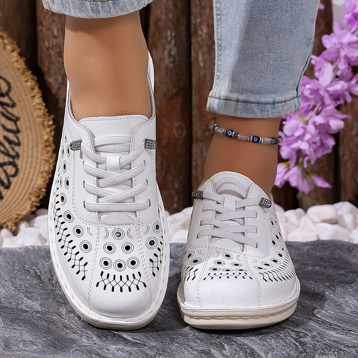 Women's Slip-On Loafers, Hollow-Out Design, Solid Color