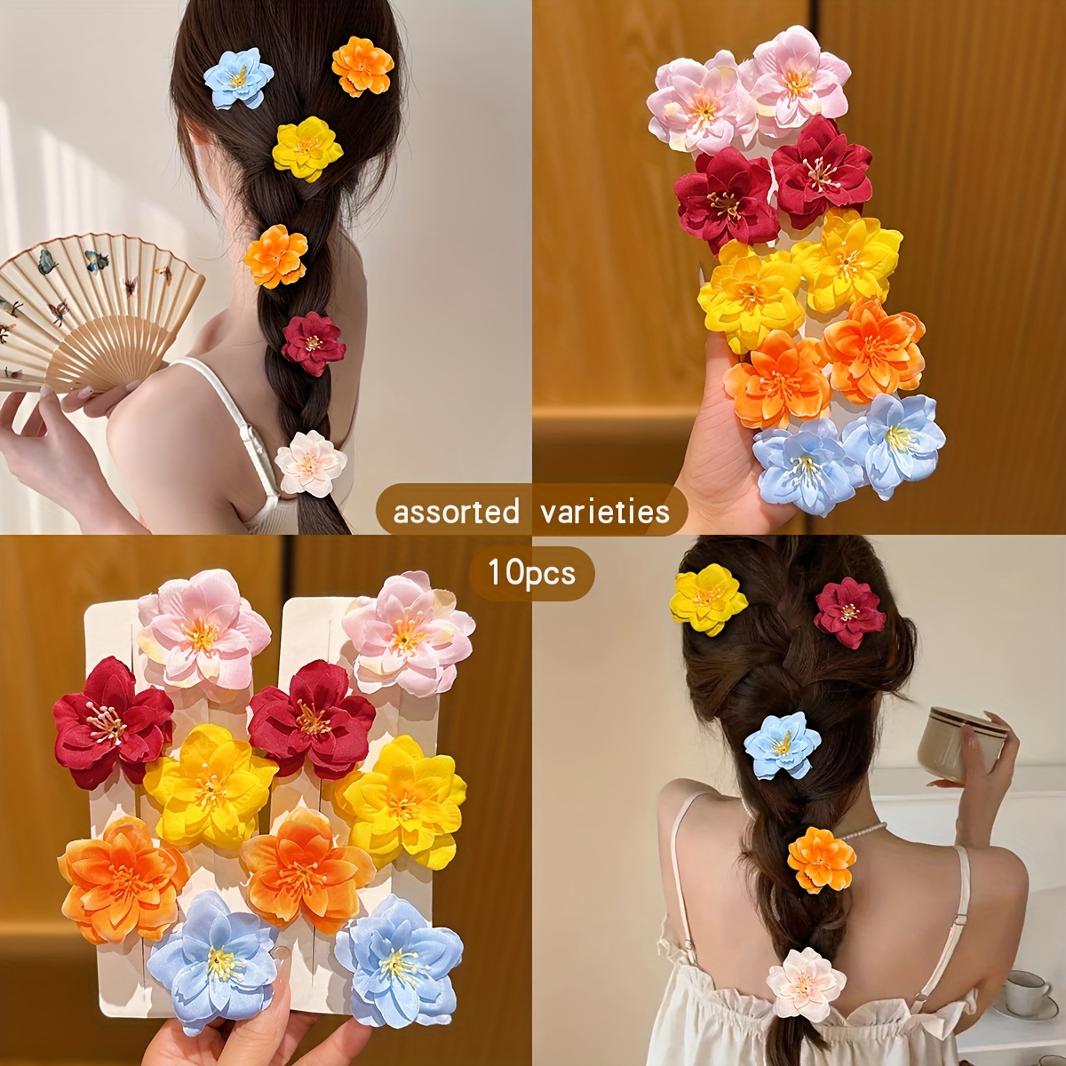 10 Random Sweet-style Floral Hair Clips In Assorted Colors, Suitable For Daily Use